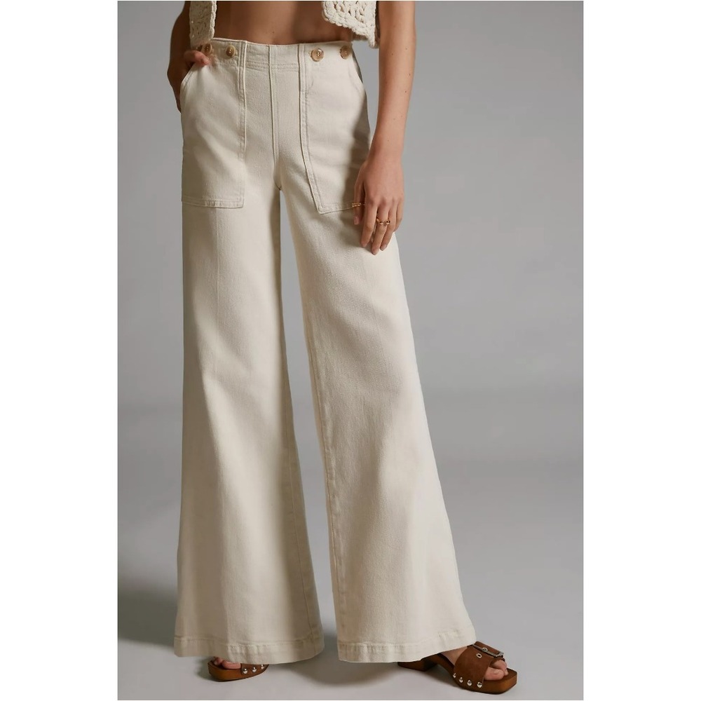 Pilcro The Kit High-Rise Wide-Leg Utility Trousers Cream Buckle Back Pants